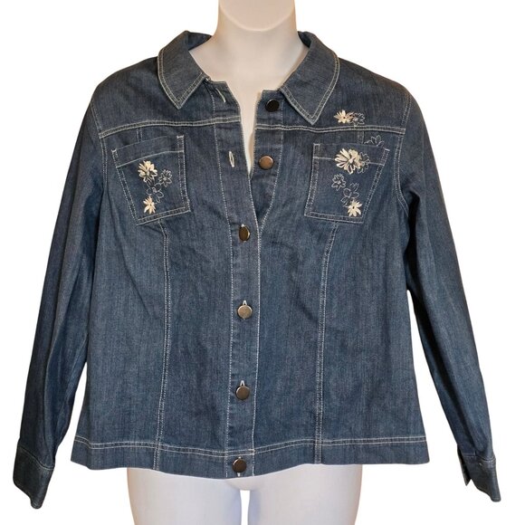 Vintage Denim Jacket Embroidered Pockets Button Front Long Sleeve grannycore - Picture 2 of 7